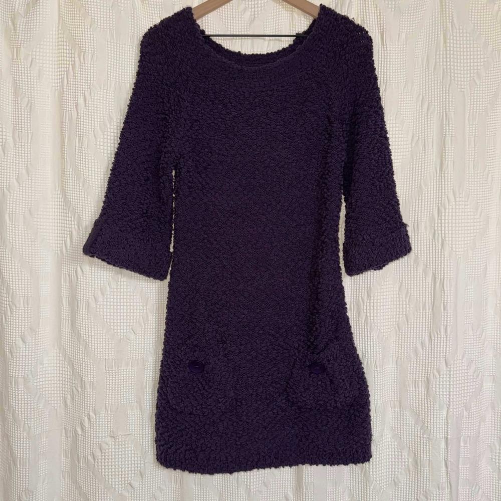Funky People Popcorn Knit Tunic Sweater Purple 3/4 Sleeve Pocket Dress Large